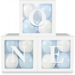 Drie doorzichtig letter ballon blokken One wit inclusief 24 ballonnen blauw en wit