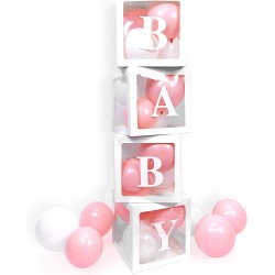 Vier doorzichtig letter ballon blokken Baby wit met 24 roze en witte ballonnen