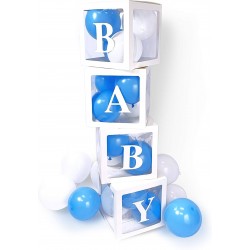 Vier doorzichtig letter ballon blokken Baby wit met 24 blauwe en witte ballonnen