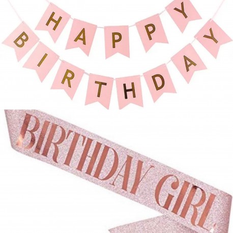 Sjerp en slinger set Birthday Girl en Happy Birthday rose goud en roze met goud