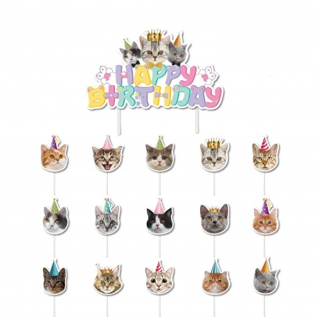 16-delige set Happy Birthday Cats met 1 taart topper en 15 cupcake prikkers