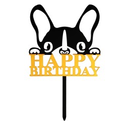 Acryl taart topper Happy Birthday goud met zwart Bulldog