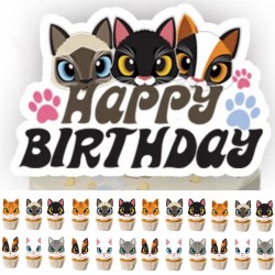 25-delige set Happy Birthday Cats met 1 taart toppers en 24 cupcake toppers