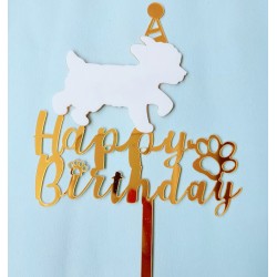 Acryl taart topper Happy Birthday voor de hond goud met wit