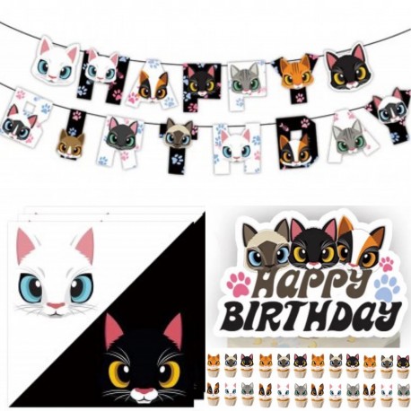 27-delige set Cats Black and White met slinger, taart en cupcake toppers en servetten