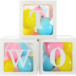 Drie doorzichtig letter ballon blokken Two wit inclusief 24 ballonnen roze, blauw en geel