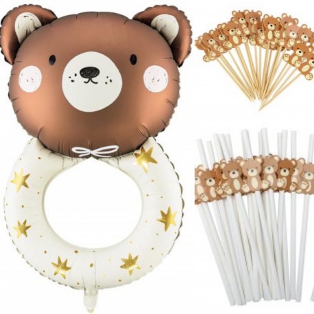 51-delige set Teddy Beer met folie ballon Rammelaar, cupcake prikkers en rietjes