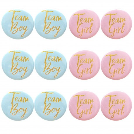 12 buttons Team Boy en Team Girl roze en blauw met gouden letters