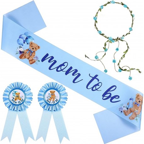 4-delige Babyshower set met sjerp, 2 rozetten en bloemenkrans Mom en Dad to be Bear blauw