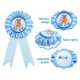 4-delige Babyshower set met sjerp, 2 rozetten en bloemenkrans Mom en Dad to be Bear blauw