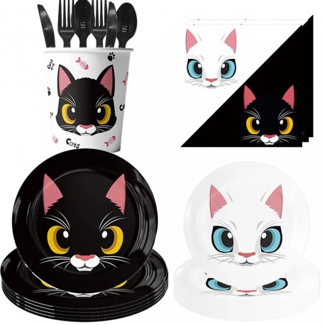 31-delige set Cats Black and White met bordjes, bekertjes, servetten en tafelkleed