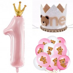 14-delige eerste verjaardag cakesmash set Bear roze met ballonnen en hoedje