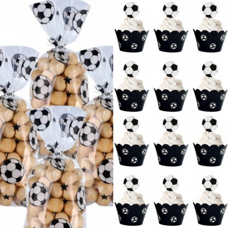 36-delige set voetbal traktaties met 12 cellofaan zakjes, 12 cupcake bakjes en 12 -toppers