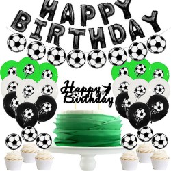 27-delig party pakket voetbal met slingers, ballonnen, taart en cupcake toppers