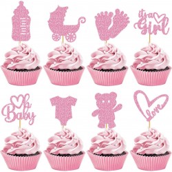 8 cupcake prikkers Baby Girl roze met 8 roze cupcake bakjes