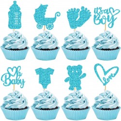 8 cupcake prikkers Baby Boy blauw met 8 blauwe cupcake bakjes