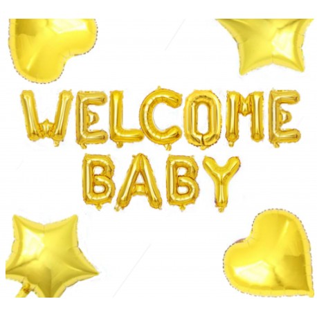 Folie ballon letters Wecome Baby goud met 2 sterren en 2 harten