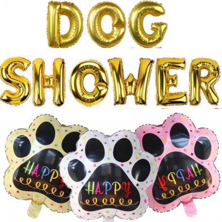 Folie ballon letters Dog Shower goud inclusief 3 grote honden poten Happy