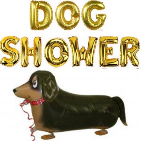 Folie ballon letter set Dog Shower goud met airwalker folie ballon teckel 