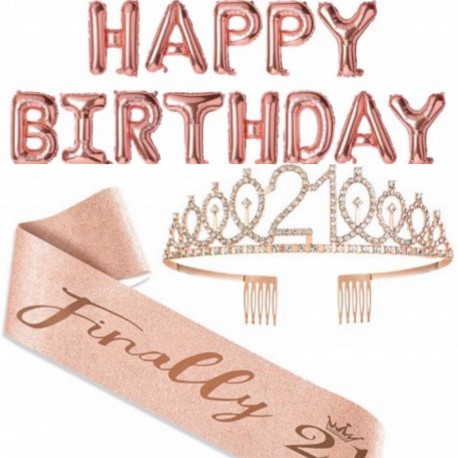 Sweet Sixteen set rosé goud met diadeem, sjerp en folie ballon slinger Happy Birthday XL