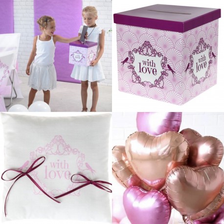 Bruidsset met enveloppen/moneybox, trouwringkussen en folie ballonnen 10-delig Vintage Pink 