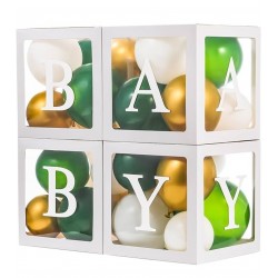 Vier doorzichtige letter ballon blokken Baby wit met 24 groene, gouden en witte ballonnen