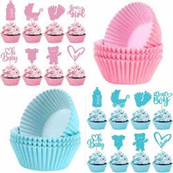 16 cupcake prikkers Baby Girl roze en blauw met 16 roze en blauwe cupcake bakjes