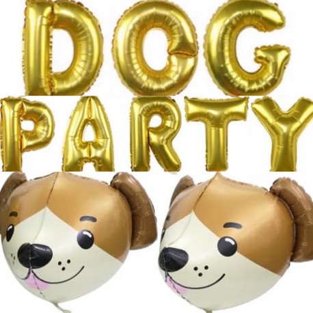 Folie ballon letter set Dog Party goud en 2 Cute Animal Face folie ballonnen