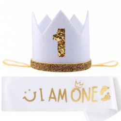 2-delige eerste verjaardag set wit met goud sjerp en hoedje