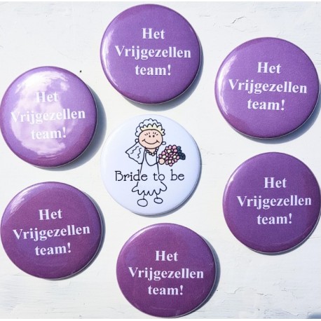 Set met 6x button Lid van het Vrijgezellenteam paars en 1x Bride to Be wit