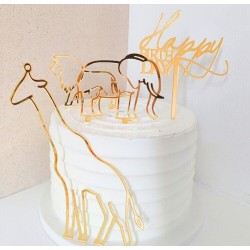 4-delige acryl taart topper set Happy Birthday met giraf, olifant en leeuw