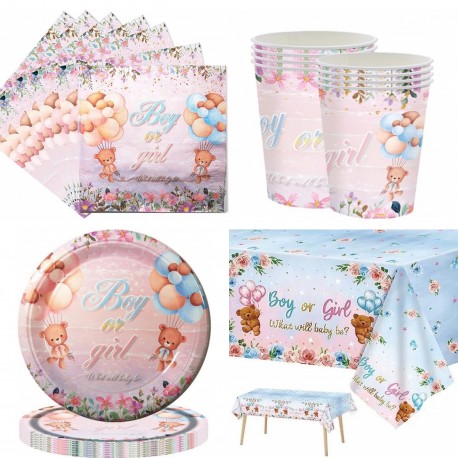 53-delige boy or girl set met beertjes met tafelkleed, servetten, bekertjes en bordjes