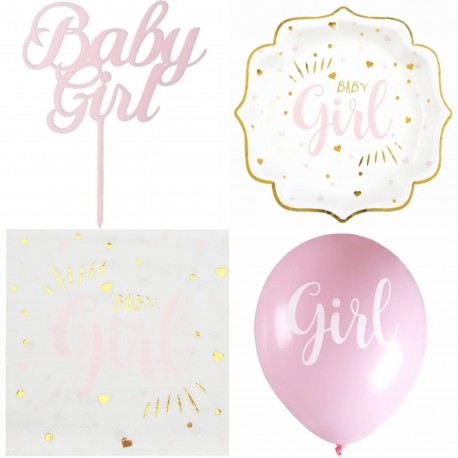 Babyshower set It's a Girl wit, roze en goudfolie 39-delig