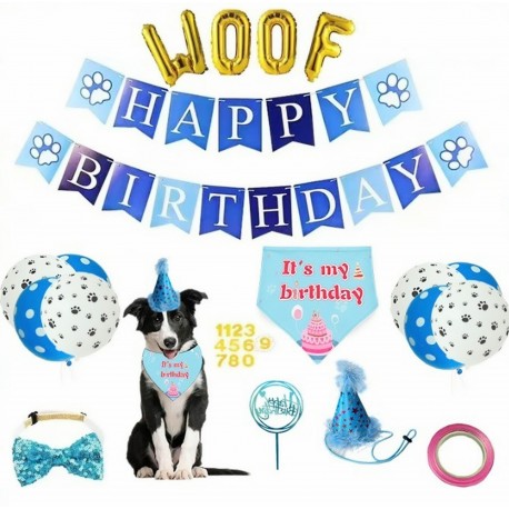 29-delige honden verjaardags set WOOF blauw met goud en wit