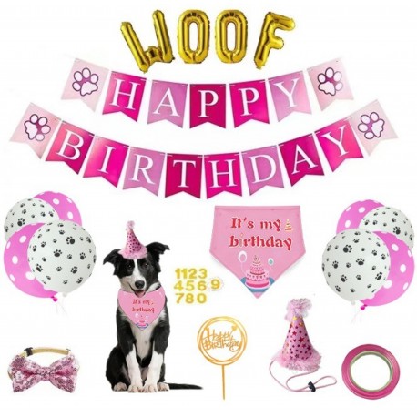 29-delige honden verjaardags set WOOF roze met goud en wit