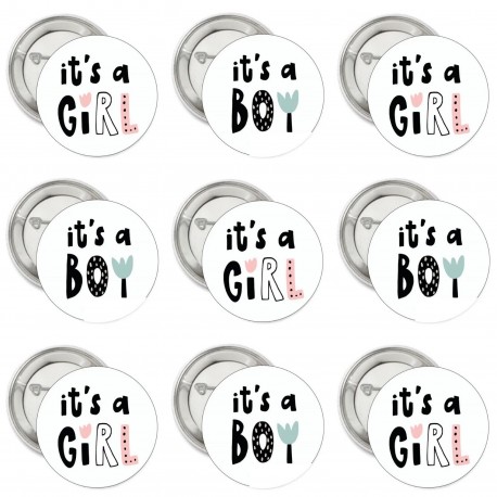 10 Buttons It's a Boy en It's a Girl black white mint en zalmroze