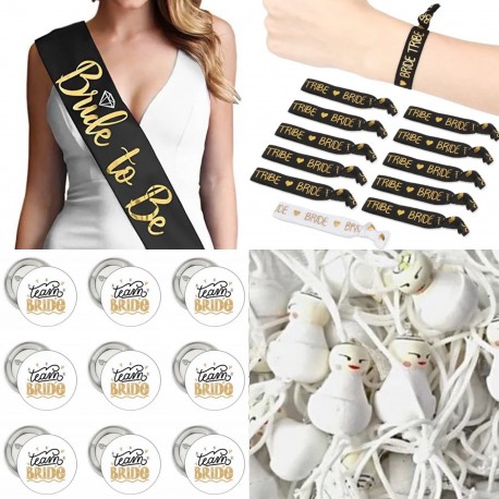 33-delige set Bride en Team Bride Tribe met sjerp, armbanden, buttons en gelukspoppetjes