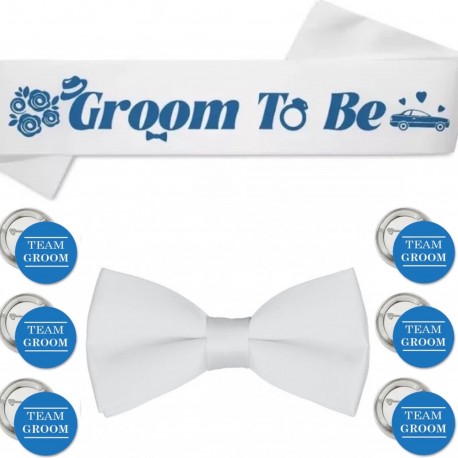 Groom to Be sjerp, dasstrik en buttons wit met blauw 8-delig