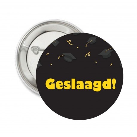 Button of (kleding)magneet Geslaagd zwart met goud met of zonder eigen tekst