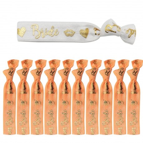 11-delige elastische armbanden set Bride wit en Bride Tribe oranje met hartjes