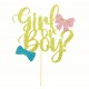 Genderreveal taart topper boy or girl goud met blauw en roze strikje