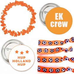 EK set 7-delig met 1 oranje hawaii krans, 2 buttons en 4 armbanden/haarelastieken