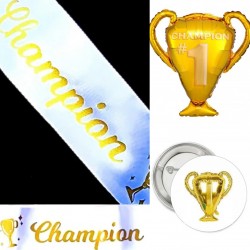 3-delige set Champion goud met sjerp, XL folie ballon en button