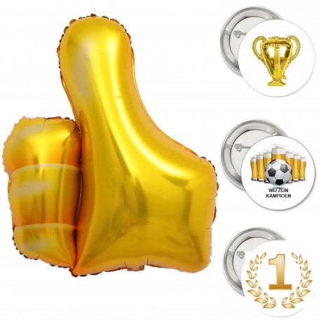 Decoratie set Thumbs Up met gouden folie ballon Duim XL met 3 butoons