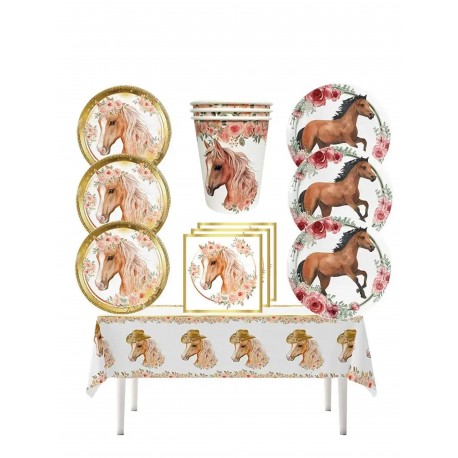 51-delige party en decoratie set Sweet Horse met tafelkleed, bordjes, bekertjes en servetten