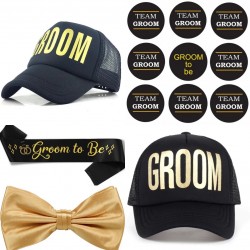 Groom to Be set met cap, sjerp, dasstrik en 9 buttons zwart met goud