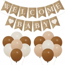 Jute slinger Welcome Baby met 2 harten en 18 bruine, beige en ivoorkleurige ballonnen