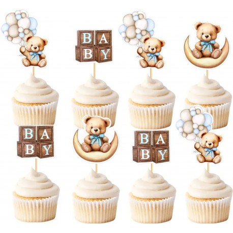 12 Cupcake prikkers Sweet Bears blauw