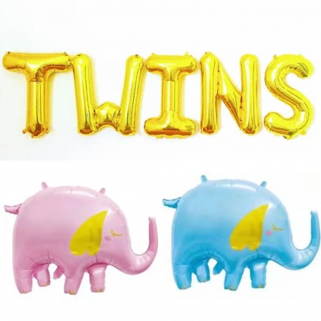 Folie ballonen set Twins Boy + Girl olifant, 2x blauwe olifant of 2x roze olifant