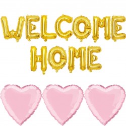 Welcome Home folie ballonnen set goud met 3 roze harten